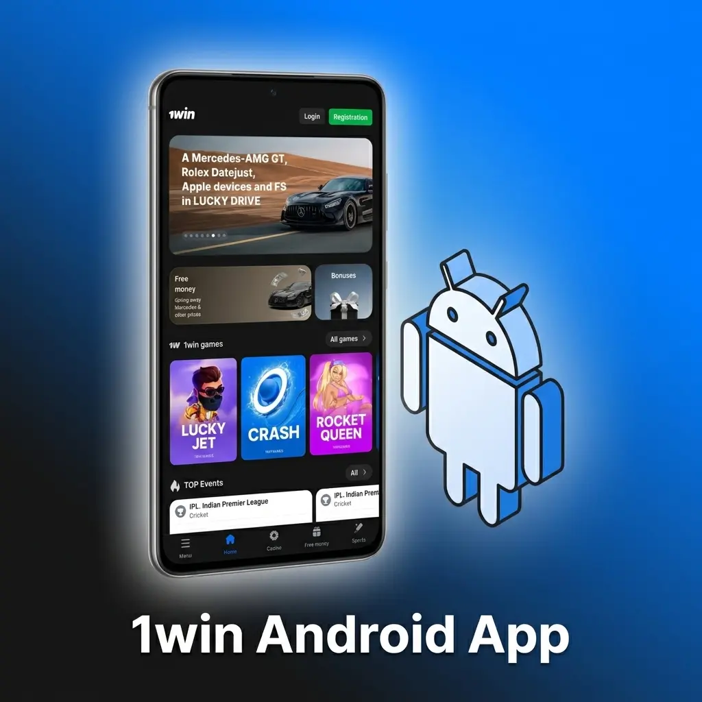 1win Android app interface showing sports betting and casino games on a mobile device