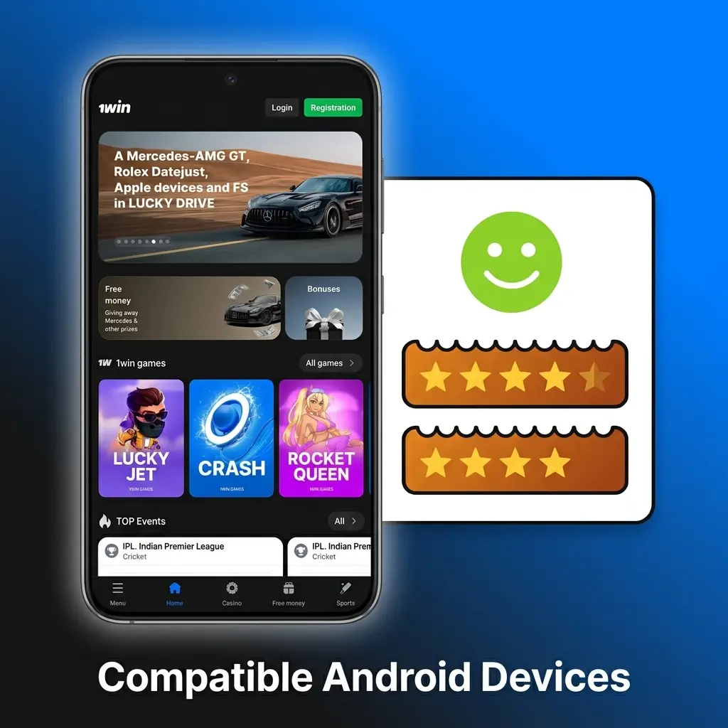 List of compatible Android devices for 1win app including Samsung, Redmi, Realme, POCO, OnePlus, Vivo, OPPO models