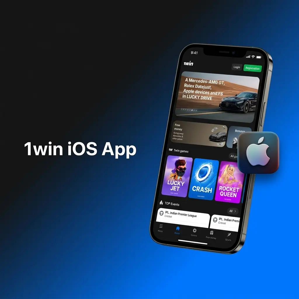 1win iOS app interface on iPhone showing sports betting and live casino features for iOS 13.0 and later devices