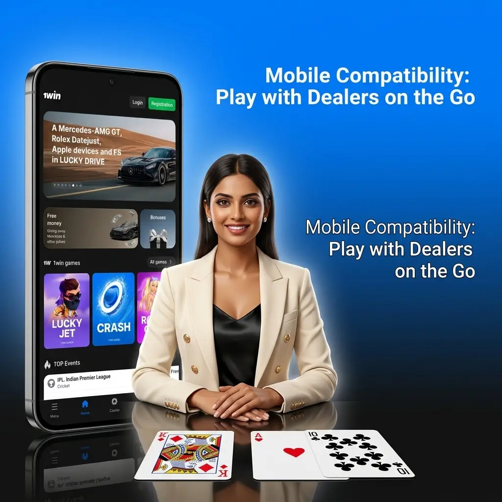 1win live casino mobile interface showing dealer stream, betting panel, and chat in scrollable smartphone layout