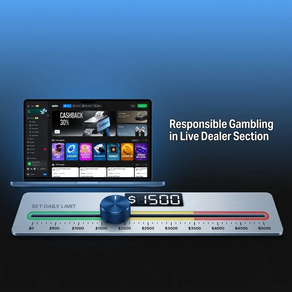 Responsible gambling tools in 1win live dealer lobby with session limits, self-exclusion options, and support resources