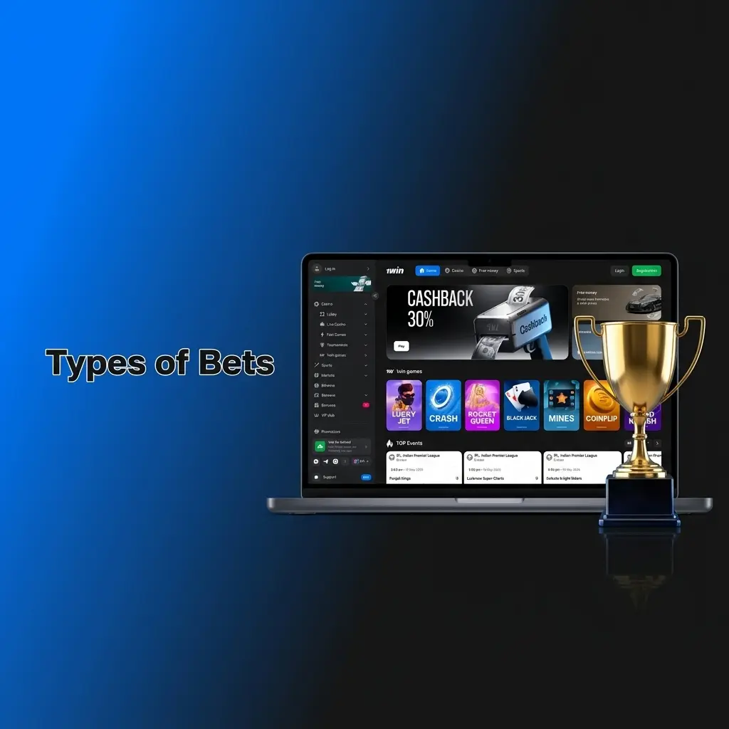 1win bet types diagram showing Single, Express Accumulator, and System bet structures explained