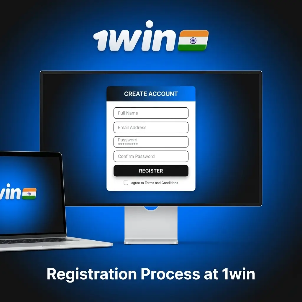Step-by-step 1win registration process in India showing account creation, currency selection, and welcome bonus activation