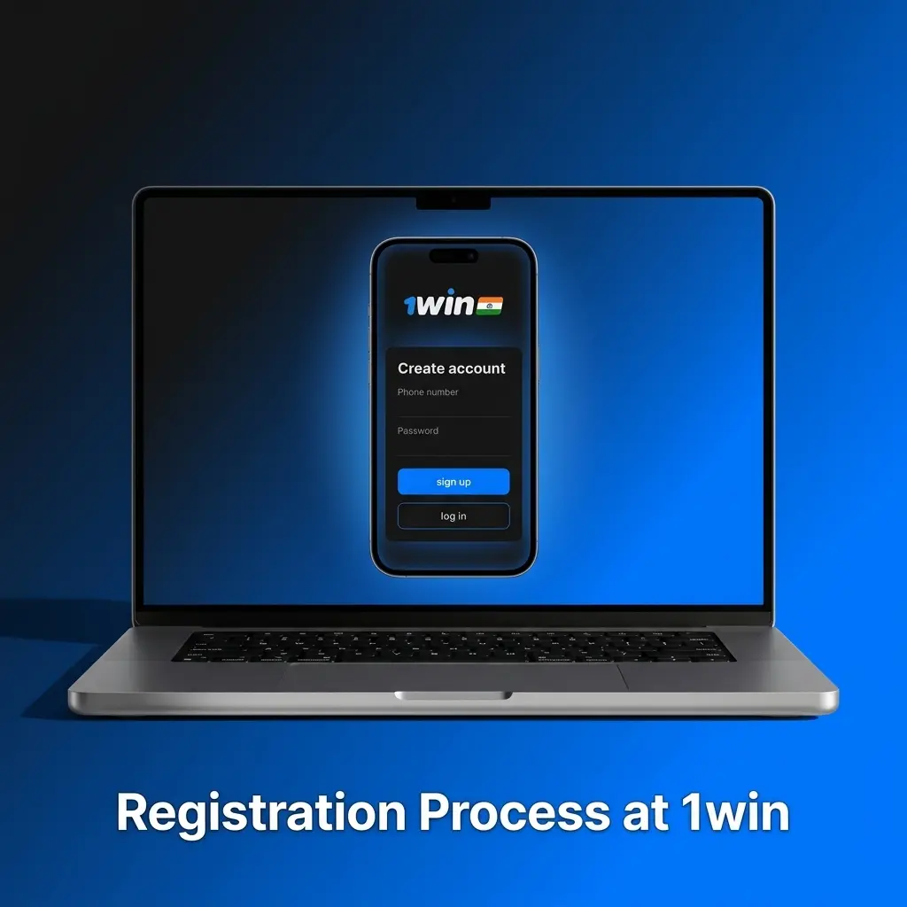 1win registration process steps showing sign-up form with options for phone, email, social media, and one-click methods